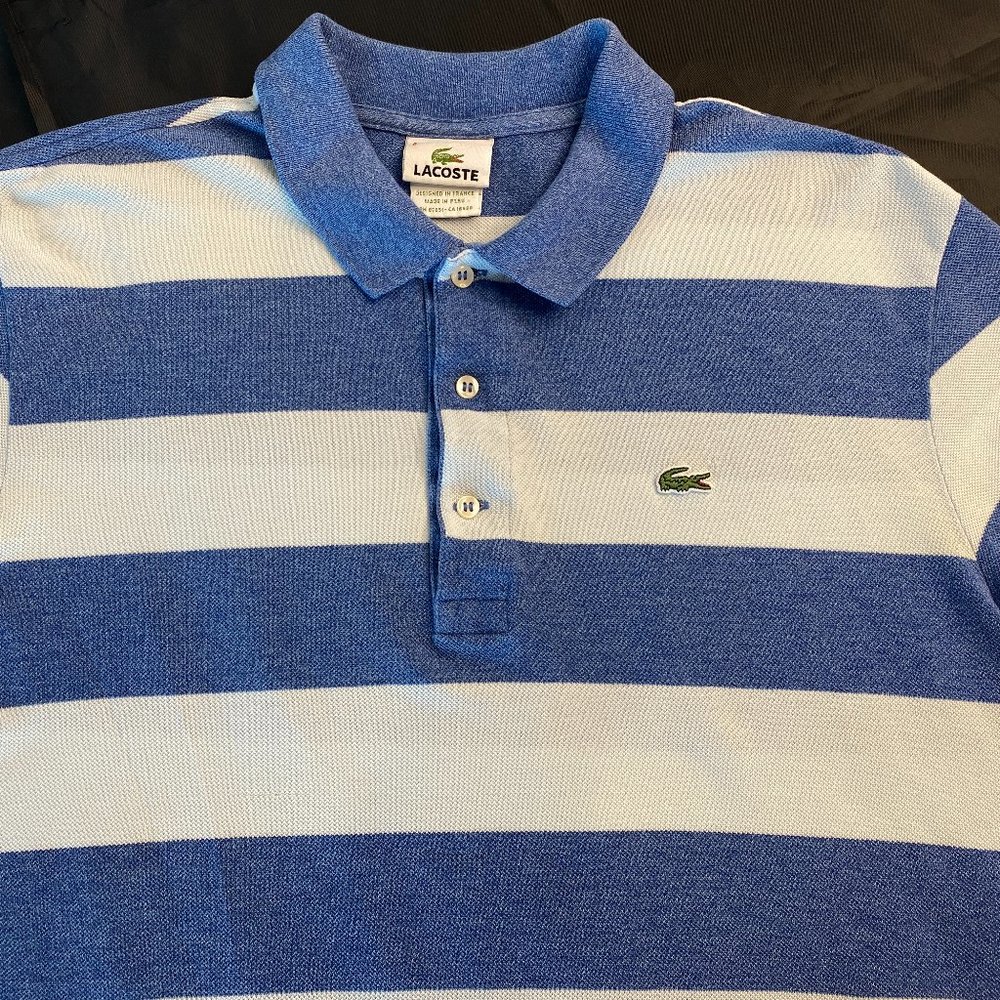LaCoste Men's Classic Pique Polo Blue Stripe Alligator Polo LG